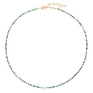 Emerald Tennis Necklace With Diamond Heart