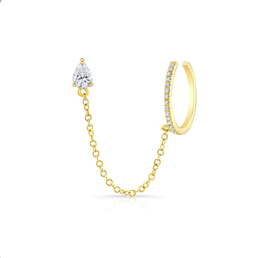 Pear Stud Earring with Chain and Diamond Cuff