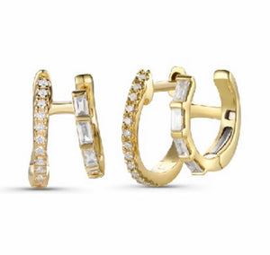 Baguette and Round Diamond Illusion Double Piercing Huggies
