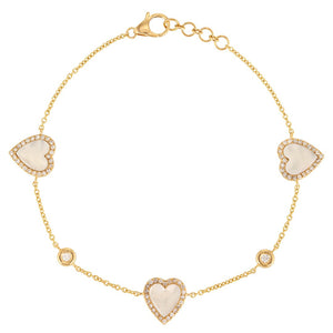 Three Gemstone Heart Bracelet with Bezel Set Diamonds