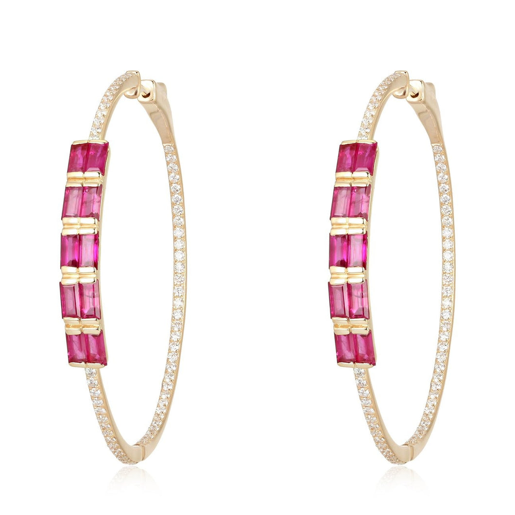 Inside Out Diamond Hoop Earring With Ruby Baguettes