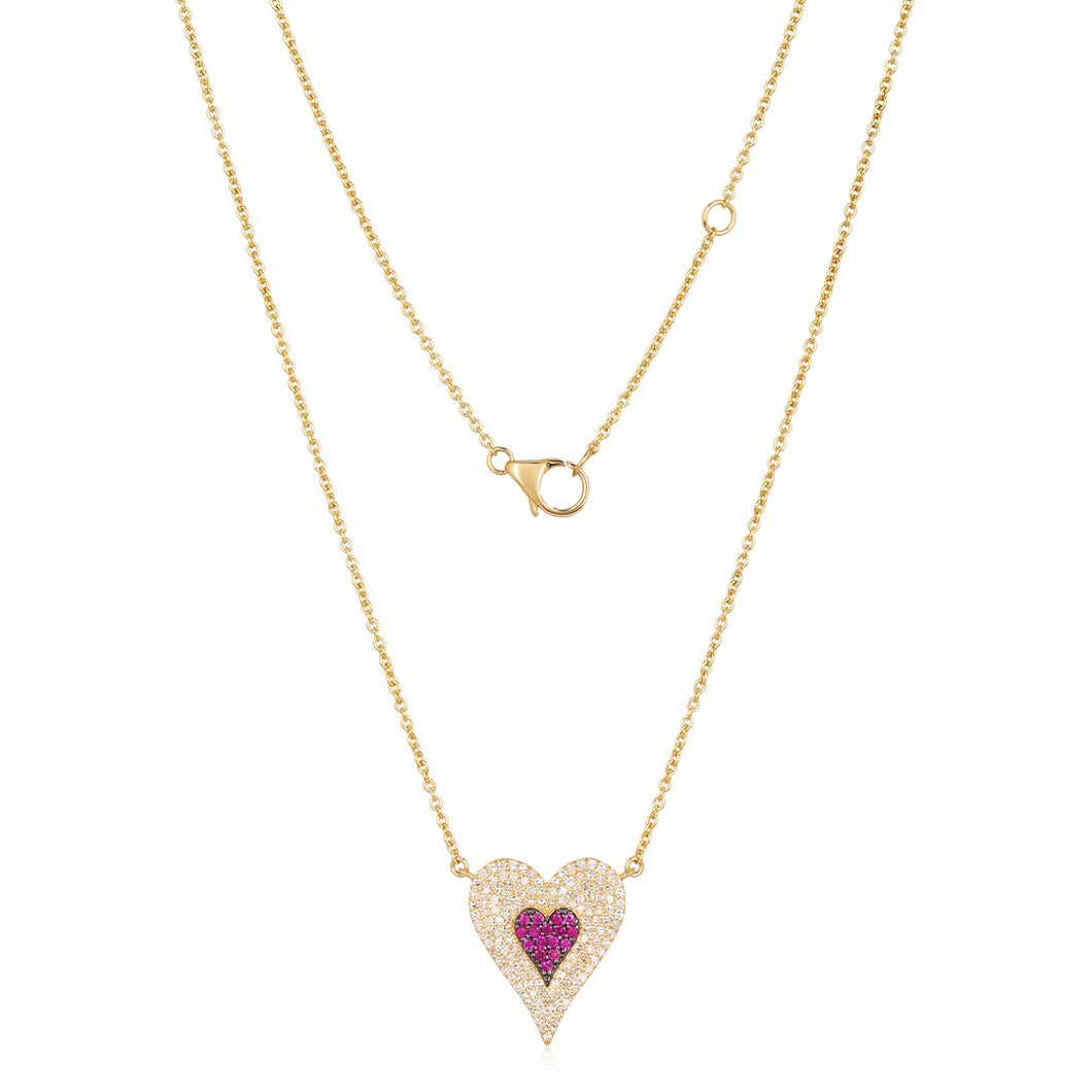 Diamond Heart With Ruby Heart Center Necklace