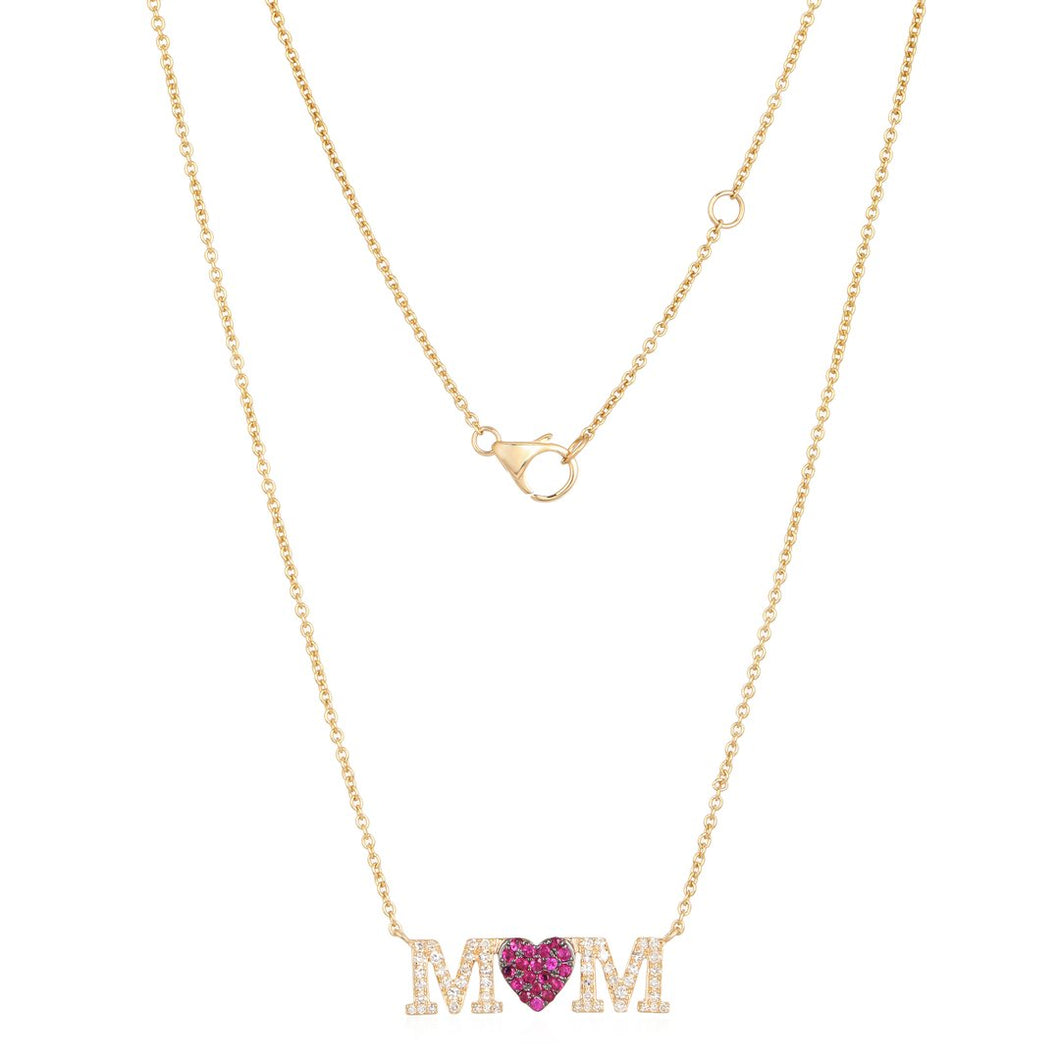 Pave Diamond and Ruby Heart Mom Necklace