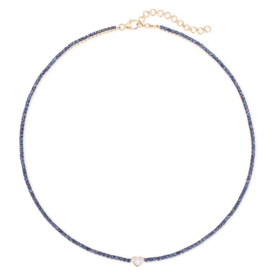 Blue Sapphire Tennis Necklace With Diamond Heart