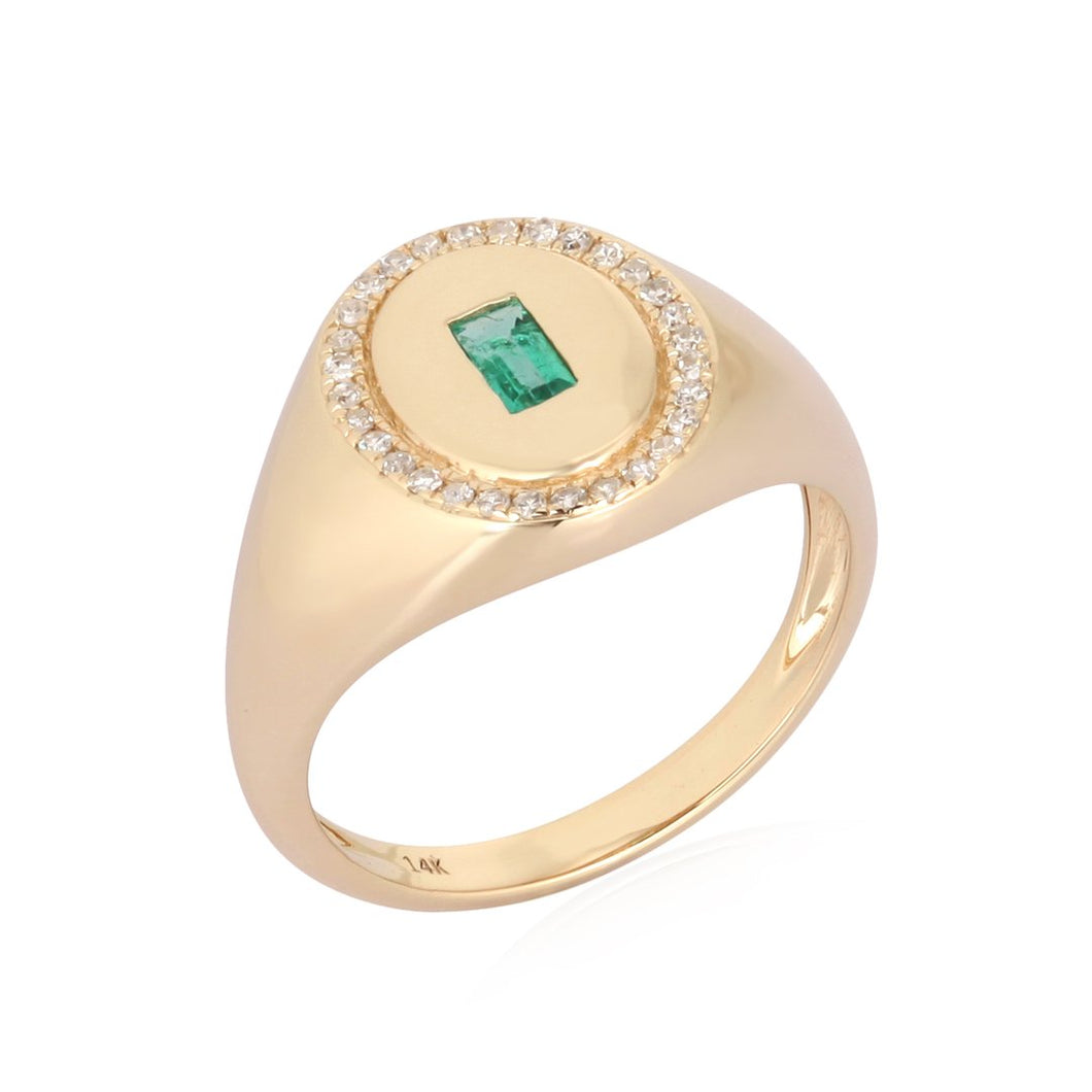 Round Signet Pinky Ring with Emerald Baguette Center