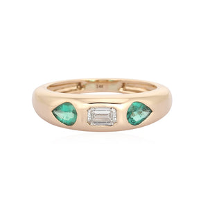 Three Stone Diamond and Emerald Dome Ring