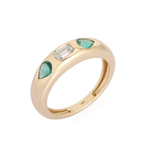 Three Stone Diamond and Emerald Dome Ring