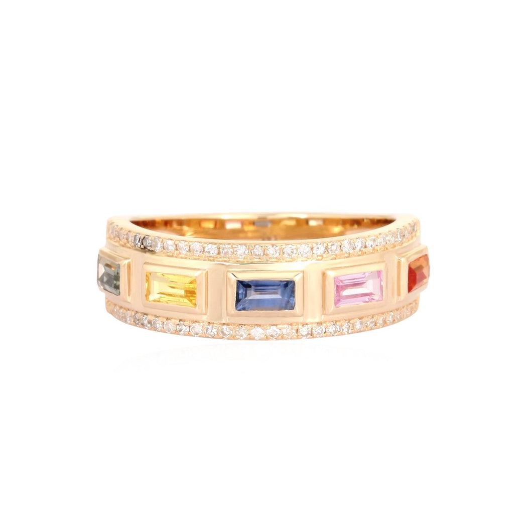 Diamond Outlined Multi Sapphire Baguette Ring