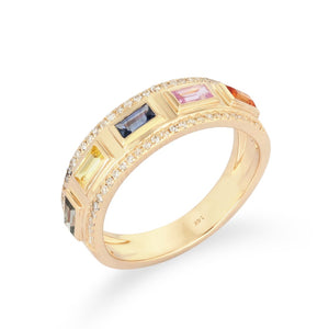 Diamond Outlined Multi Sapphire Baguette Ring