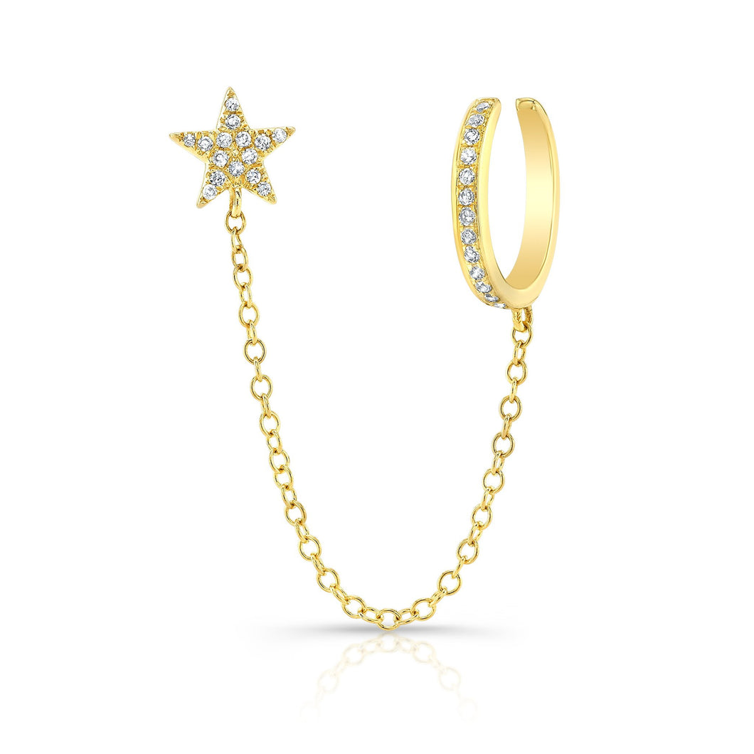 Pave Star Stud with Chain and Gold Cuff