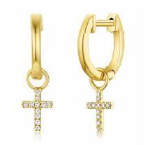 Gold Huggie Earrings with Pave Cross Drop