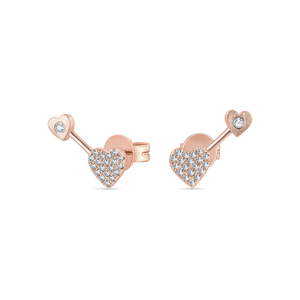 Pave & Solid Gold Heart Double Piercing Illusion Stud Earrings