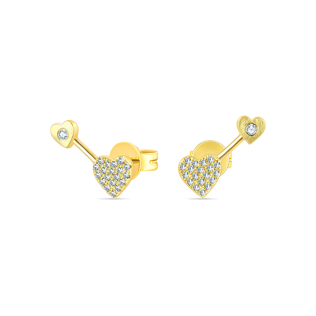 Pave & Solid Gold Heart Double Piercing Illusion Stud Earrings